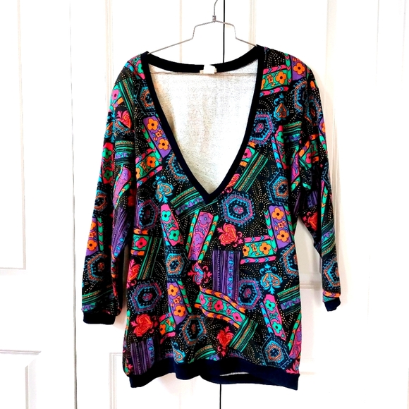 Deep V-neck Abstract Floral Sweatshirt size Medium Elle MacPhereson VTG 90s - Picture 1 of 5